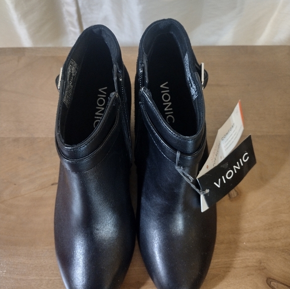 Vionic Black Leather Side Buckle Wedge Booties - Picture 4 of 6